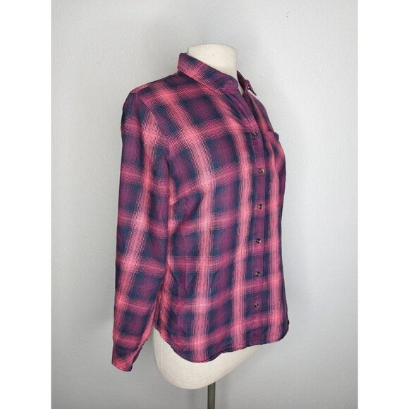 Eddie Bauer Womens Shirt Small Pink Black Soft Checkered Plaid Button Up Collar - Picture 8 of 11